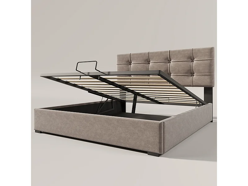Volwassen opbergbed 140x200cm met lattenbodem - verstelbaar hoofdeinde - metalen frame - lichtgrijs fluweel (zonder matras)