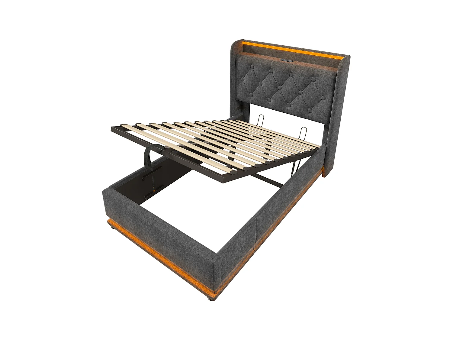 Lit enfant 90x200 cm avec rangement et lattes en bois - tête de lit avec USB et LED - lin gris - (sans matelas)