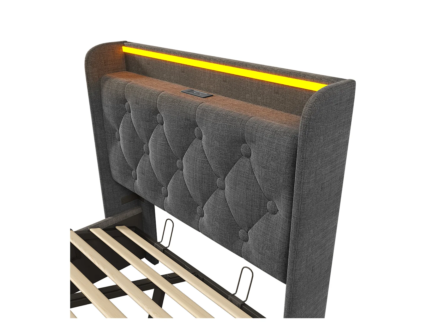 Lit enfant 90x200 cm avec rangement et lattes en bois - tête de lit avec USB et LED - lin gris - (sans matelas)