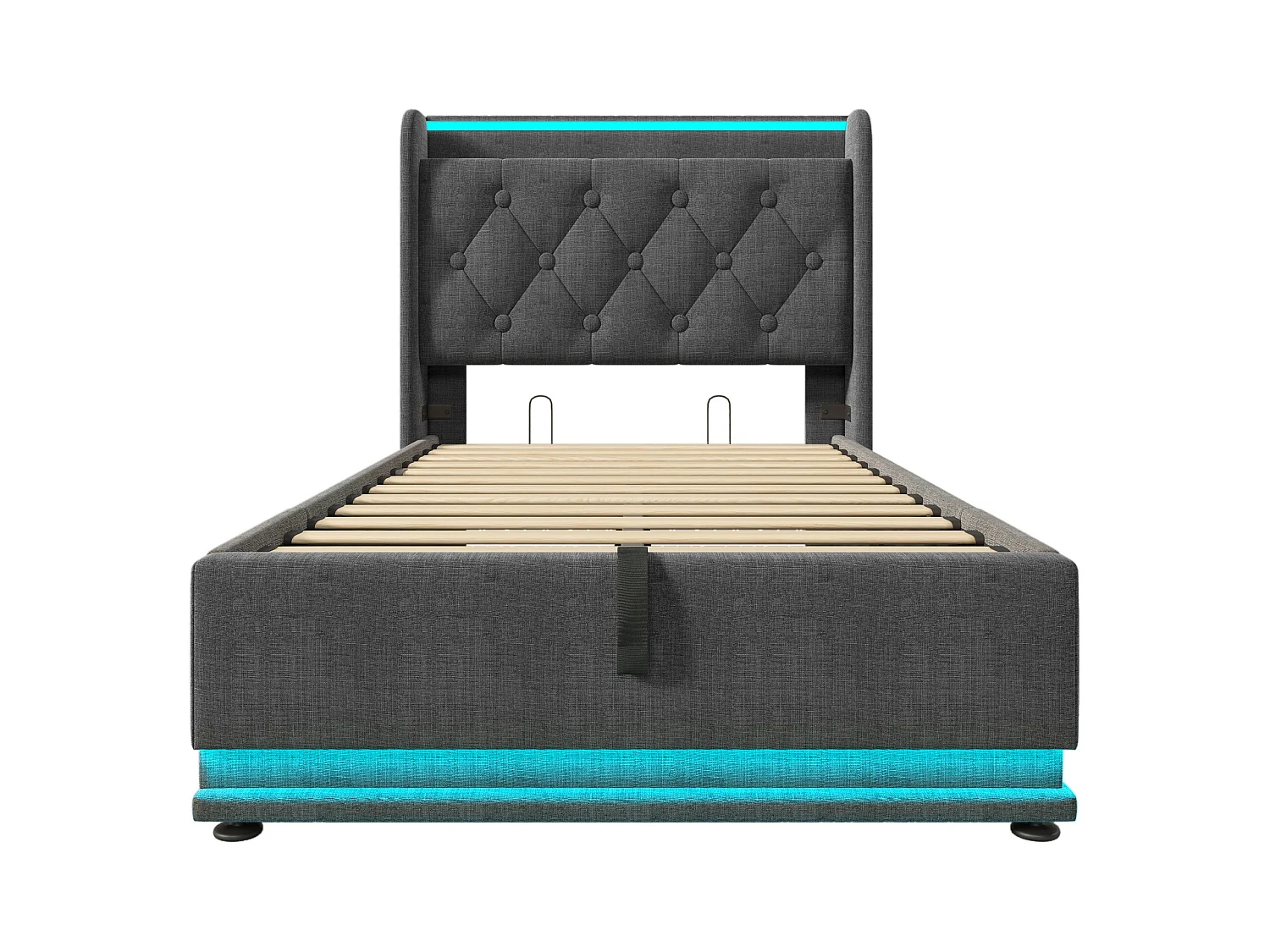 Lit enfant 90x200 cm avec rangement et lattes en bois - tête de lit avec USB et LED - lin gris - (sans matelas)