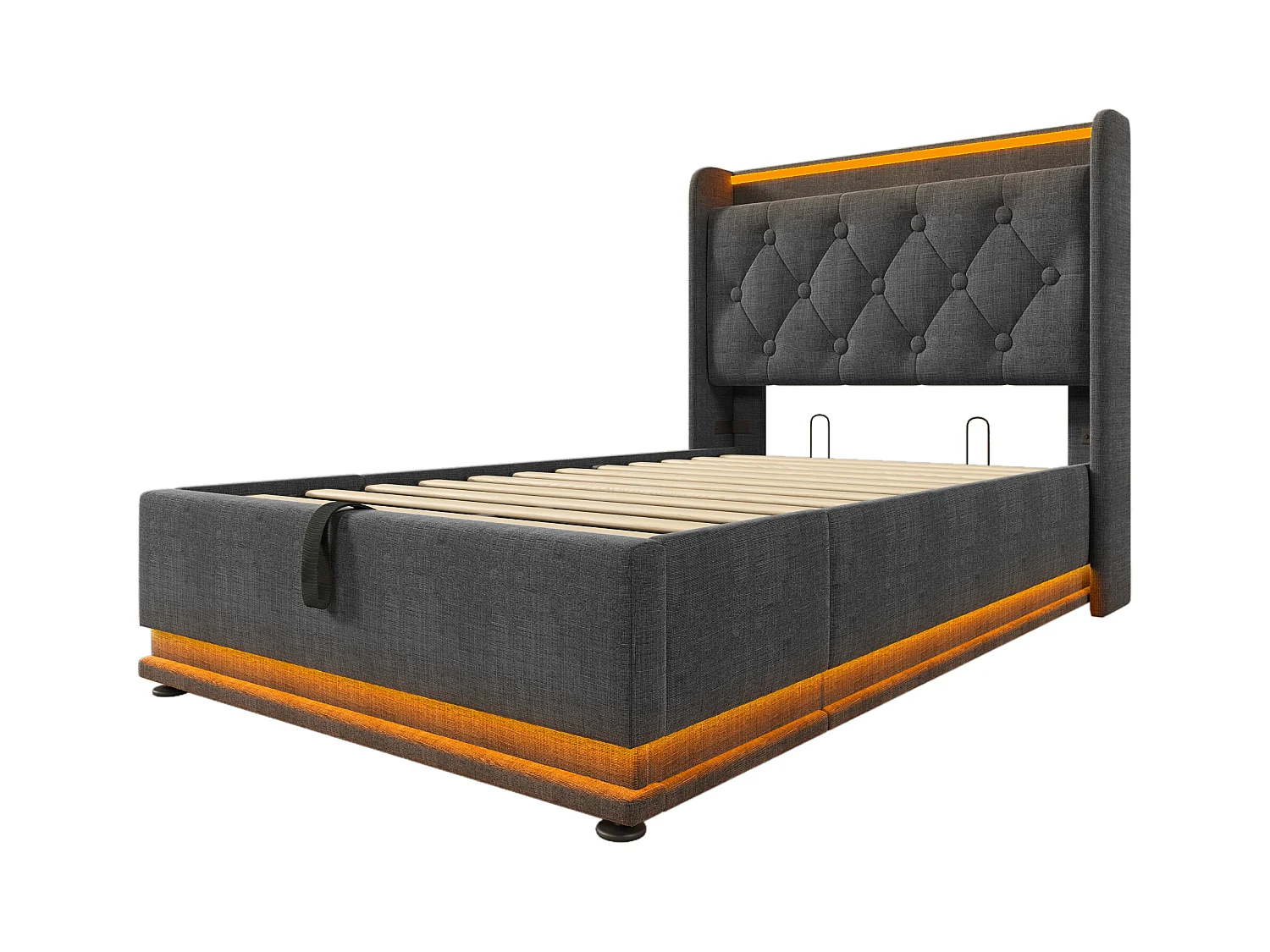 Lit enfant 90x200 cm avec rangement et lattes en bois - tête de lit avec USB et LED - lin gris - (sans matelas)