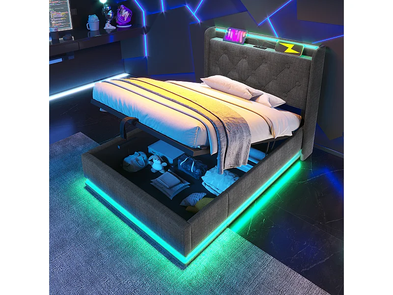 Kinderbed met opbergruimte 90x200 cm met houten lattenbodem - hoofdbord met USB en LED - grijs linnen - (zonder matras)