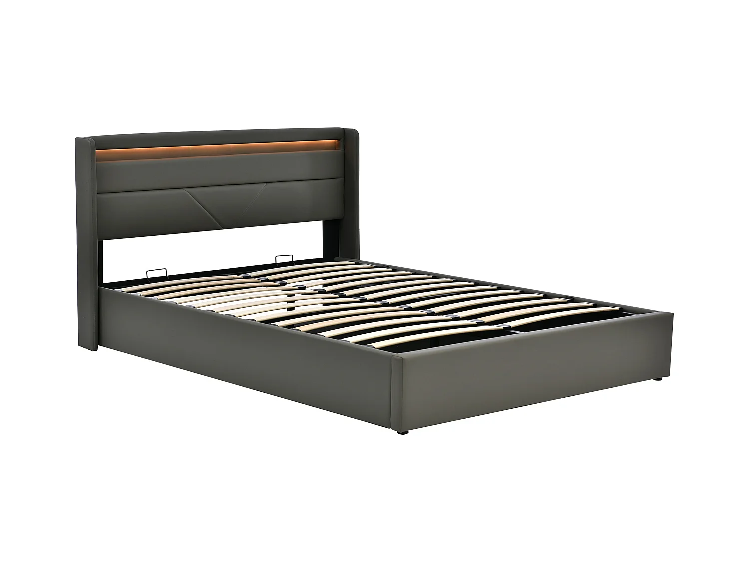 Lit coffre 160x200 cm avec sommier - tête de lit rembourrée avec LED - similicuir gris (sans matelas)