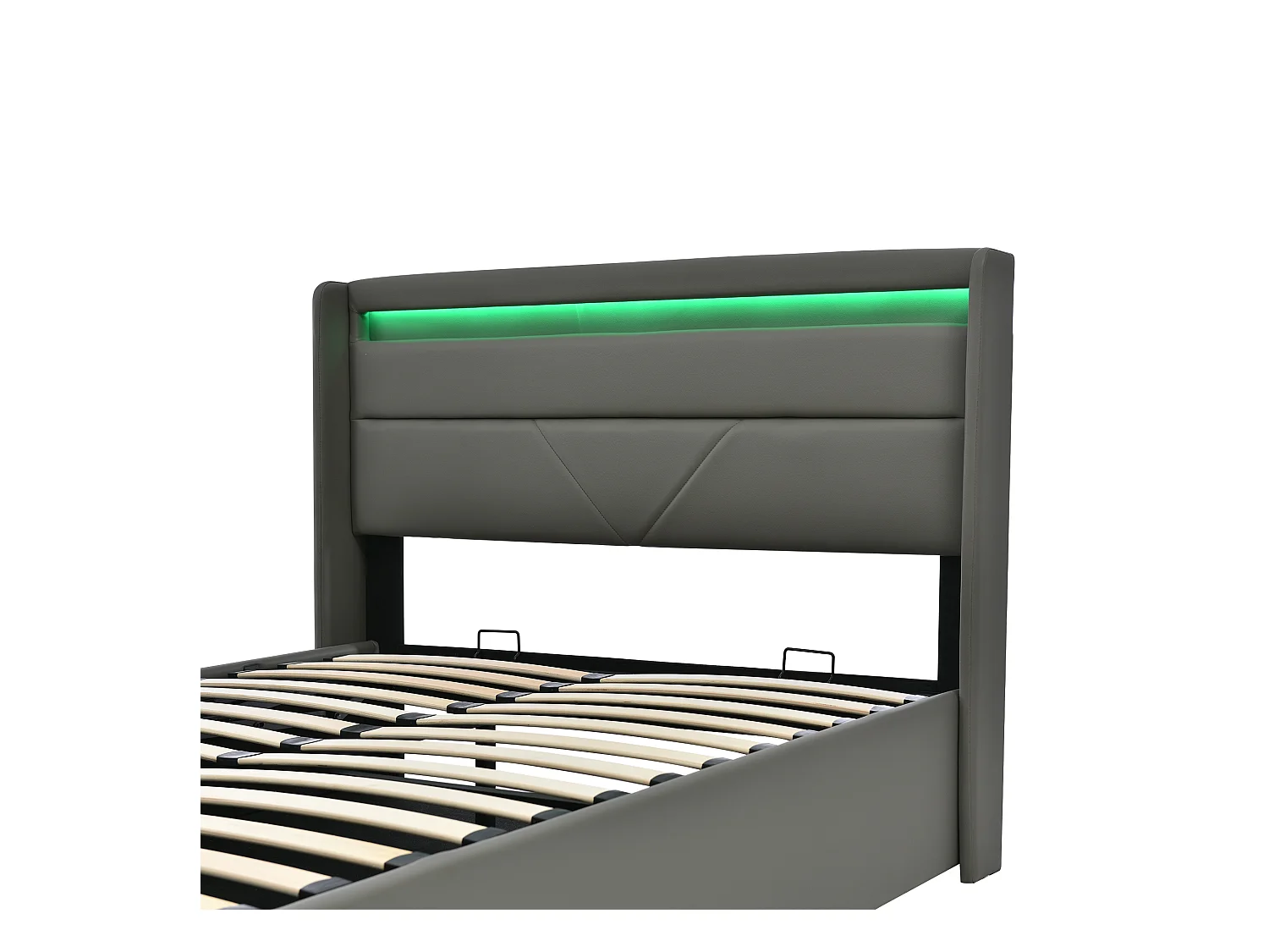 Lit coffre 160x200 cm avec sommier - tête de lit rembourrée avec LED - similicuir gris (sans matelas)