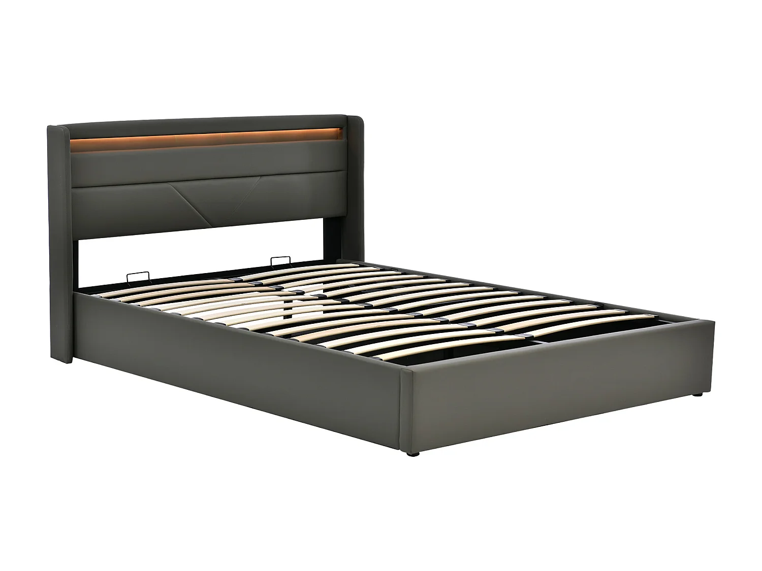Volwassen opbergbed 160x200 cm met lattenbodem - gewatteerd hoofdeinde met LED-verlichting - grijs imitatieleer (zonder matras)