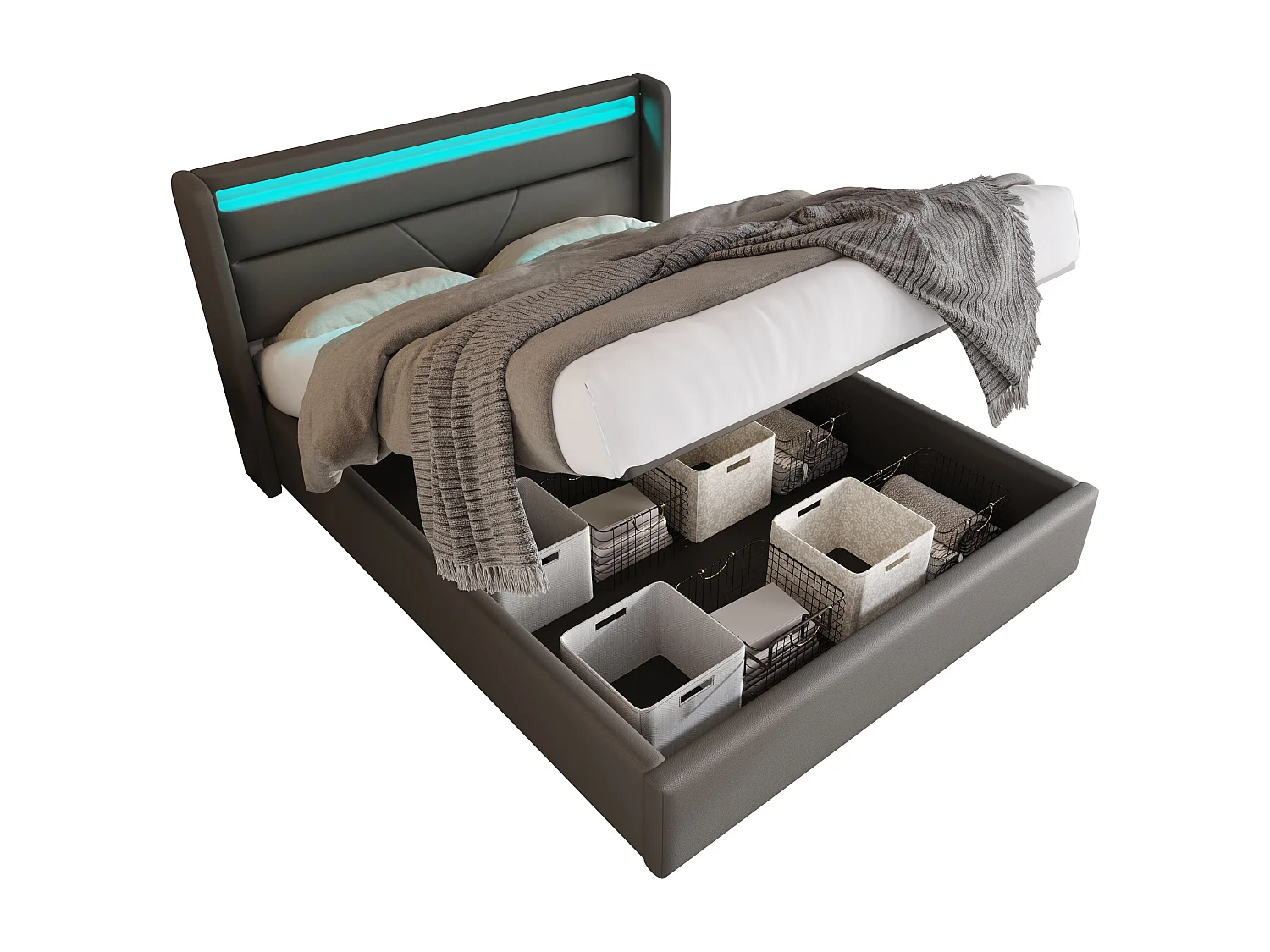 Volwassen opbergbed 160x200 cm met lattenbodem - gewatteerd hoofdeinde met LED-verlichting - grijs imitatieleer (zonder matras)