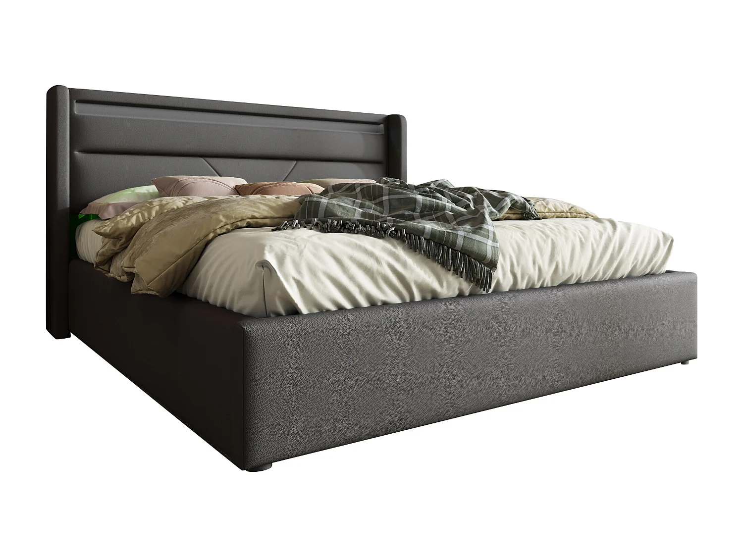 Volwassen opbergbed 160x200 cm met lattenbodem - gewatteerd hoofdeinde met LED-verlichting - grijs imitatieleer (zonder matras)