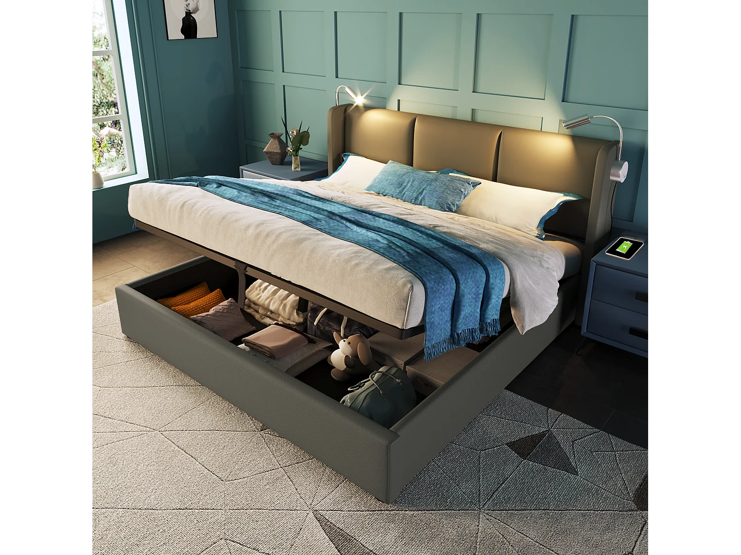 Lit coffre 160x200 cm avec sommier - tête de lit avec USB et lumière de lecture - similicuir - gris (sans matelas)