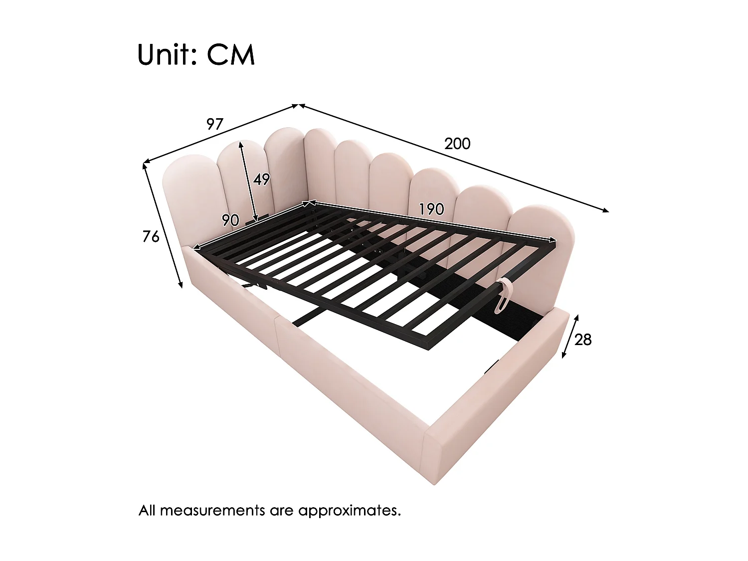 Lit simple 90x190 cm avec rangement hydraulique, cadre en L réversible, velours, rose (Sans matelas)