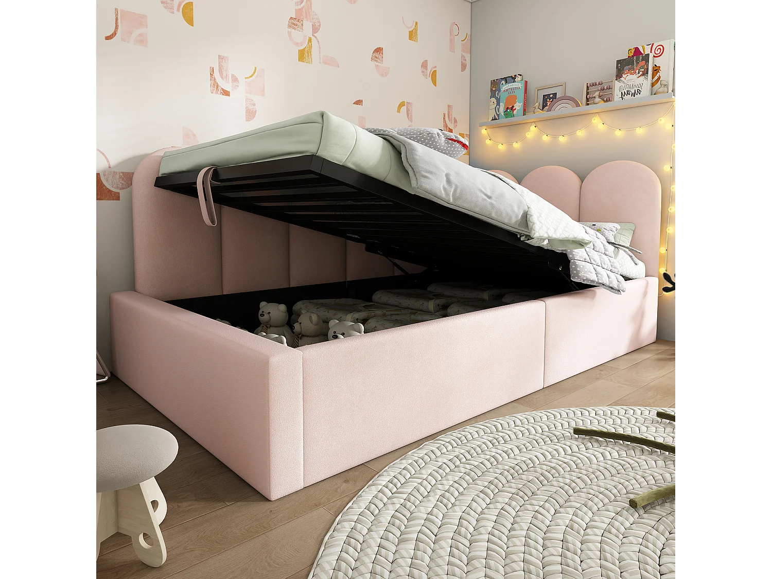Lit simple 90x190 cm avec rangement hydraulique, cadre en L réversible, velours, rose (Sans matelas)