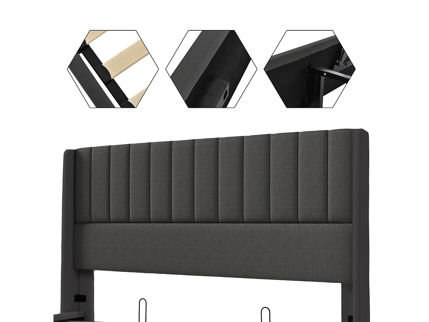 Volwassen opbergbed 180x200 cm met onderstel - gestoffeerd hoofdeinde - metalen bedframe - grijs linnen (zonder matras)