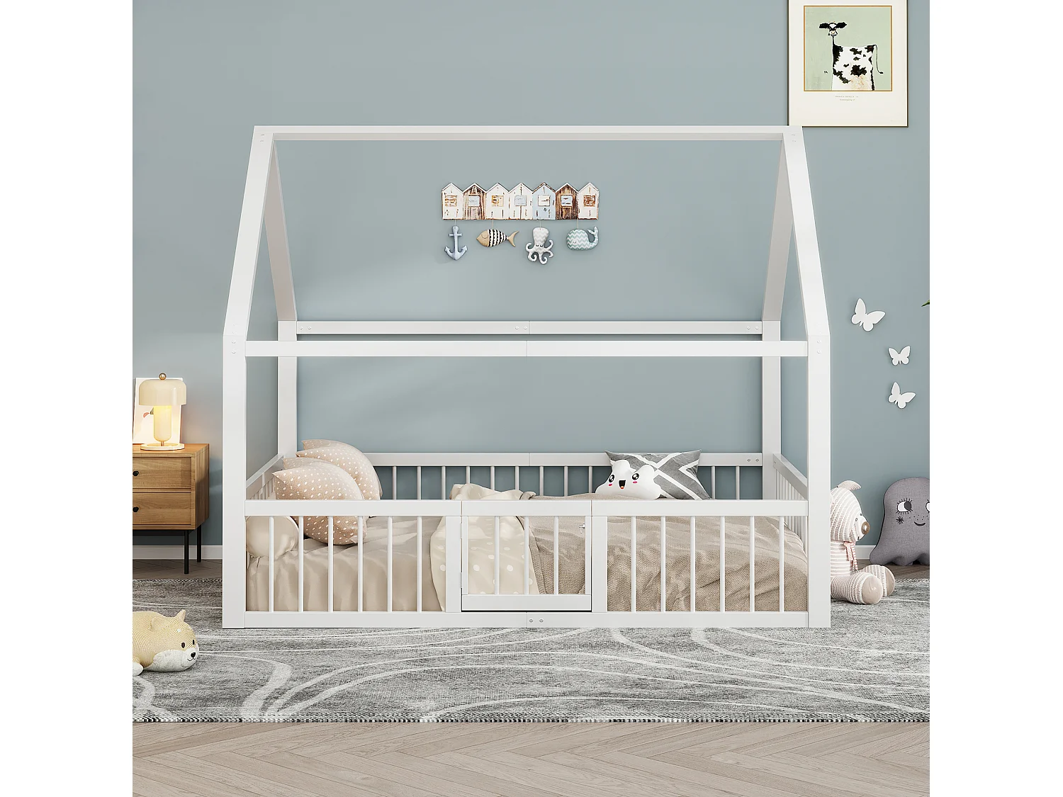 Letto per bambini 140x200 cm con tetto e sponde con cancelletto in metallo bianco (Senza materasso)