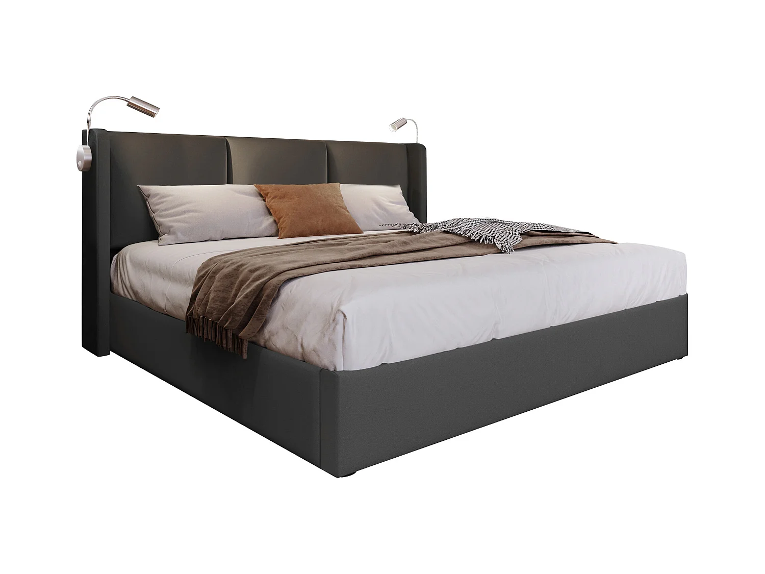 Lit coffre 140x200 cm avec sommier - tête de lit avec USB et lumière de lecture - similicuir - gris (sans matelas)