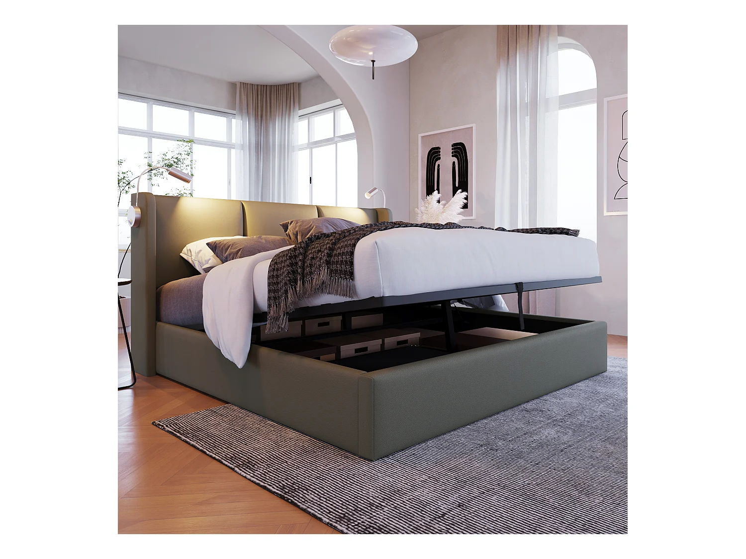 Lit coffre 140x200 cm avec sommier - tête de lit avec USB et lumière de lecture - similicuir - gris (sans matelas)