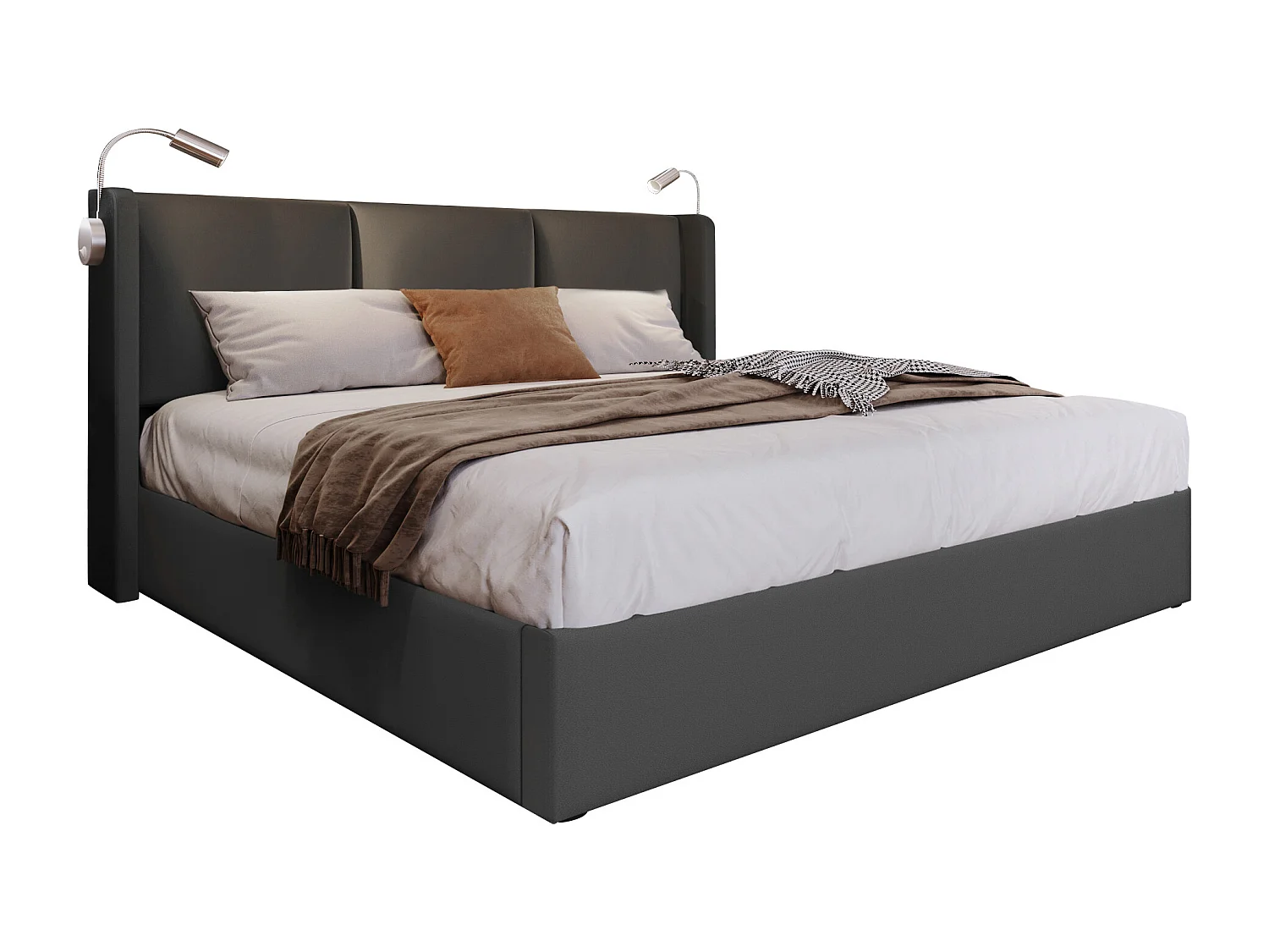 Lit coffre 140x200 cm avec sommier - tête de lit avec USB et lumière de lecture - similicuir - gris (sans matelas)