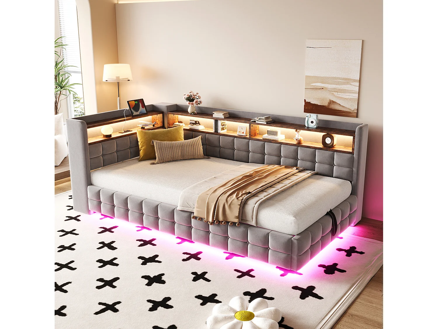 Opbergbed van 90x200 cm met ledverlichting, lattenbodem en opbergruimte in grijs, geschikt voor volwassenen en kinderen (inclusief matras).
