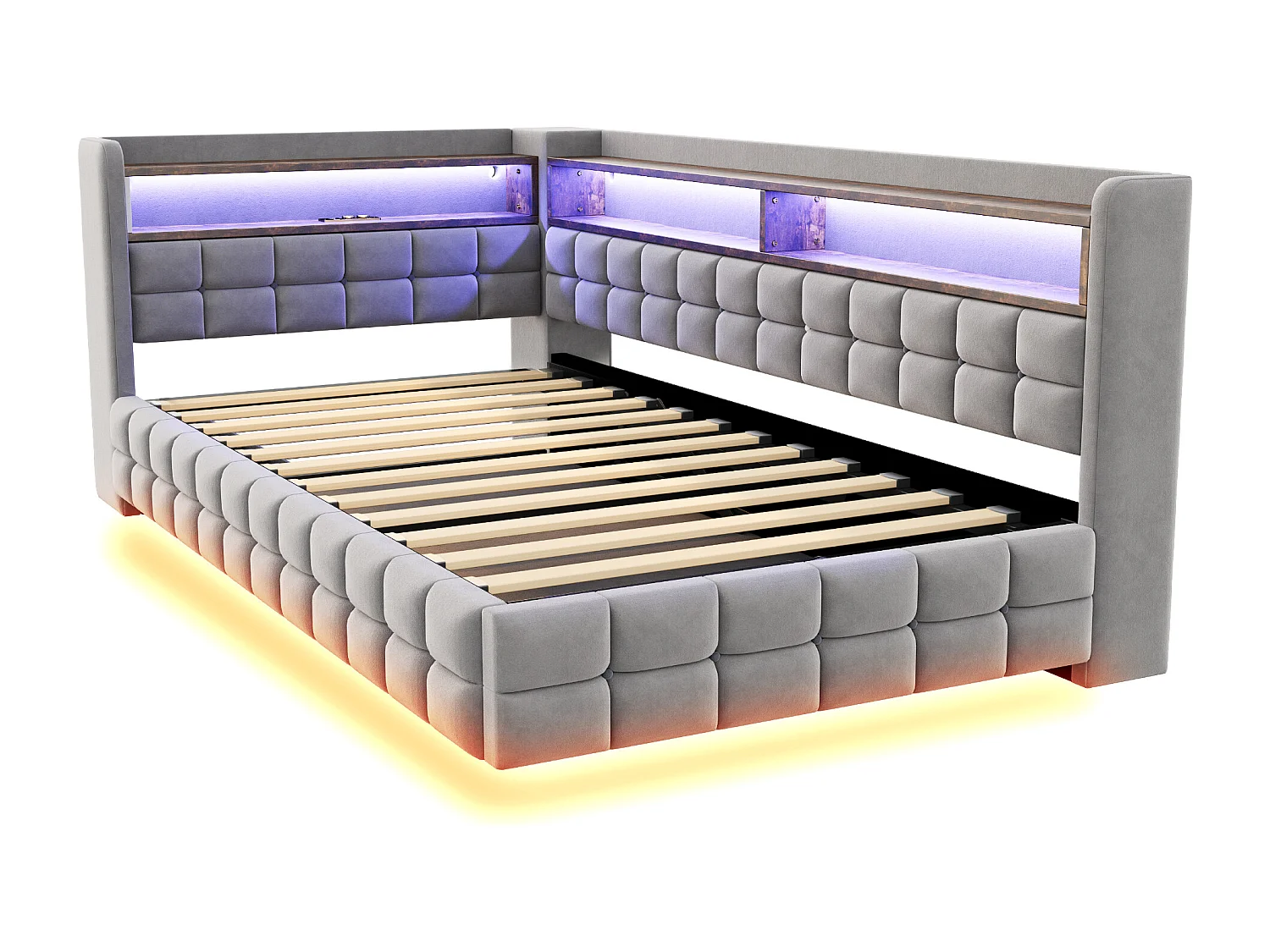 Opbergbed van 90x200 cm met ledverlichting, lattenbodem en opbergruimte in grijs, geschikt voor volwassenen en kinderen (inclusief matras).