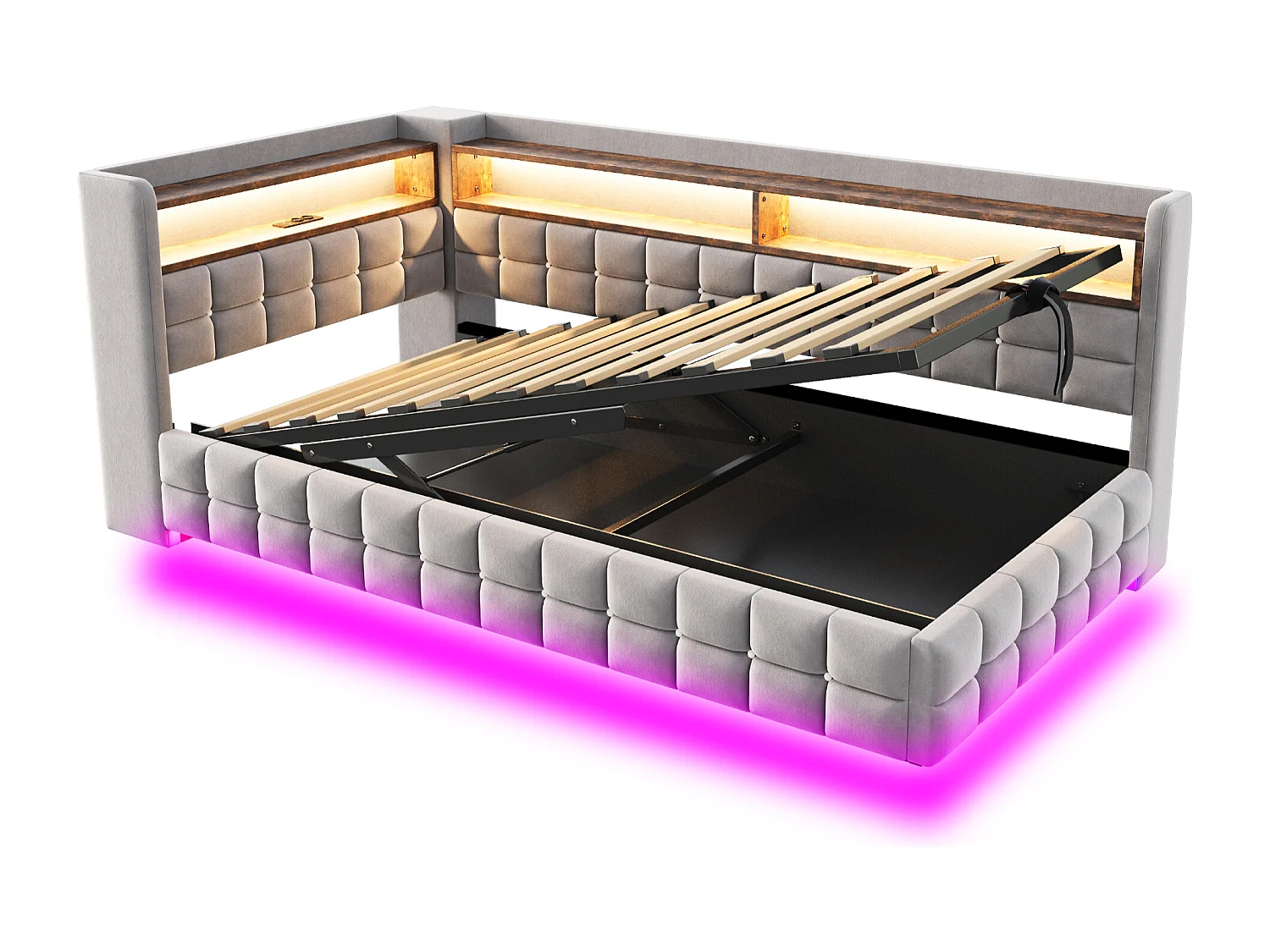 Opbergbed van 90x200 cm met ledverlichting, lattenbodem en opbergruimte in grijs, geschikt voor volwassenen en kinderen (inclusief matras).