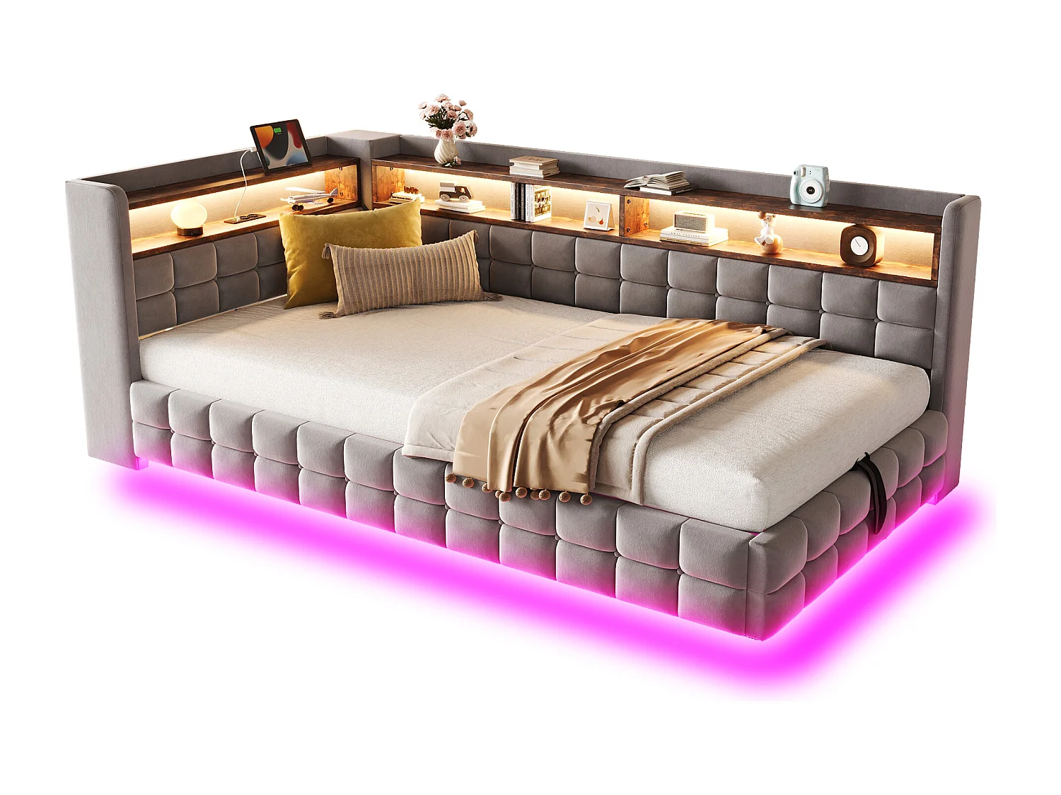 Opbergbed van 90x200 cm met ledverlichting, lattenbodem en opbergruimte in grijs, geschikt voor volwassenen en kinderen (inclusief matras).