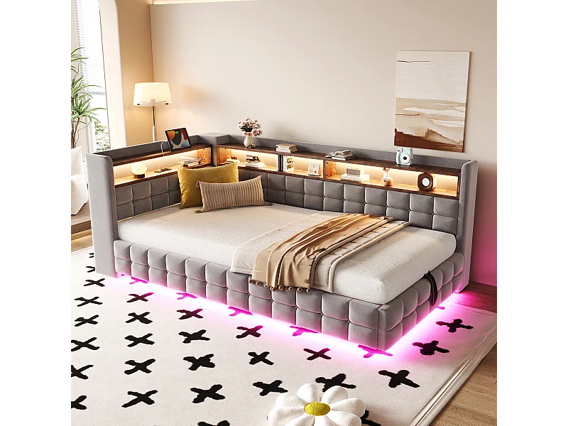 Opbergbed van 90x200 cm met ledverlichting, lattenbodem en opbergruimte in grijs, geschikt voor volwassenen en kinderen (inclusief matras).