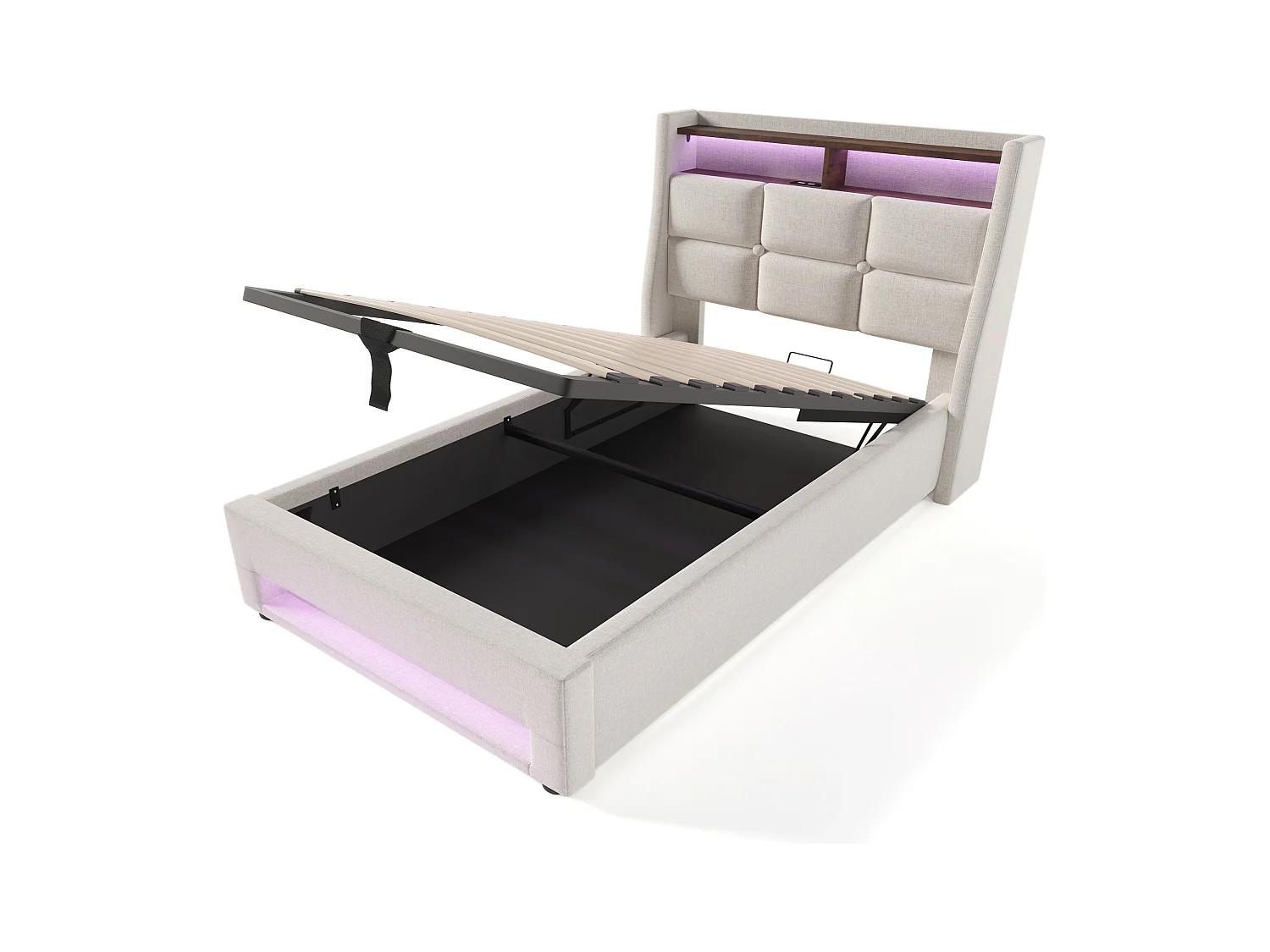 Kinderbed met opbergruimte 90x200 cm met lattenbodem - gewatteerd hoofdbord met USB en LED - linnen stof - beige (zonder matras)