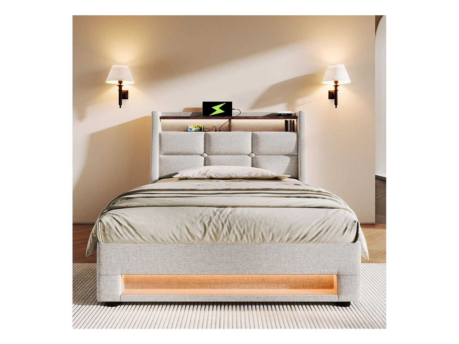 Kinderbed met opbergruimte 90x200 cm met lattenbodem - gewatteerd hoofdbord met USB en LED - linnen stof - beige (zonder matras)