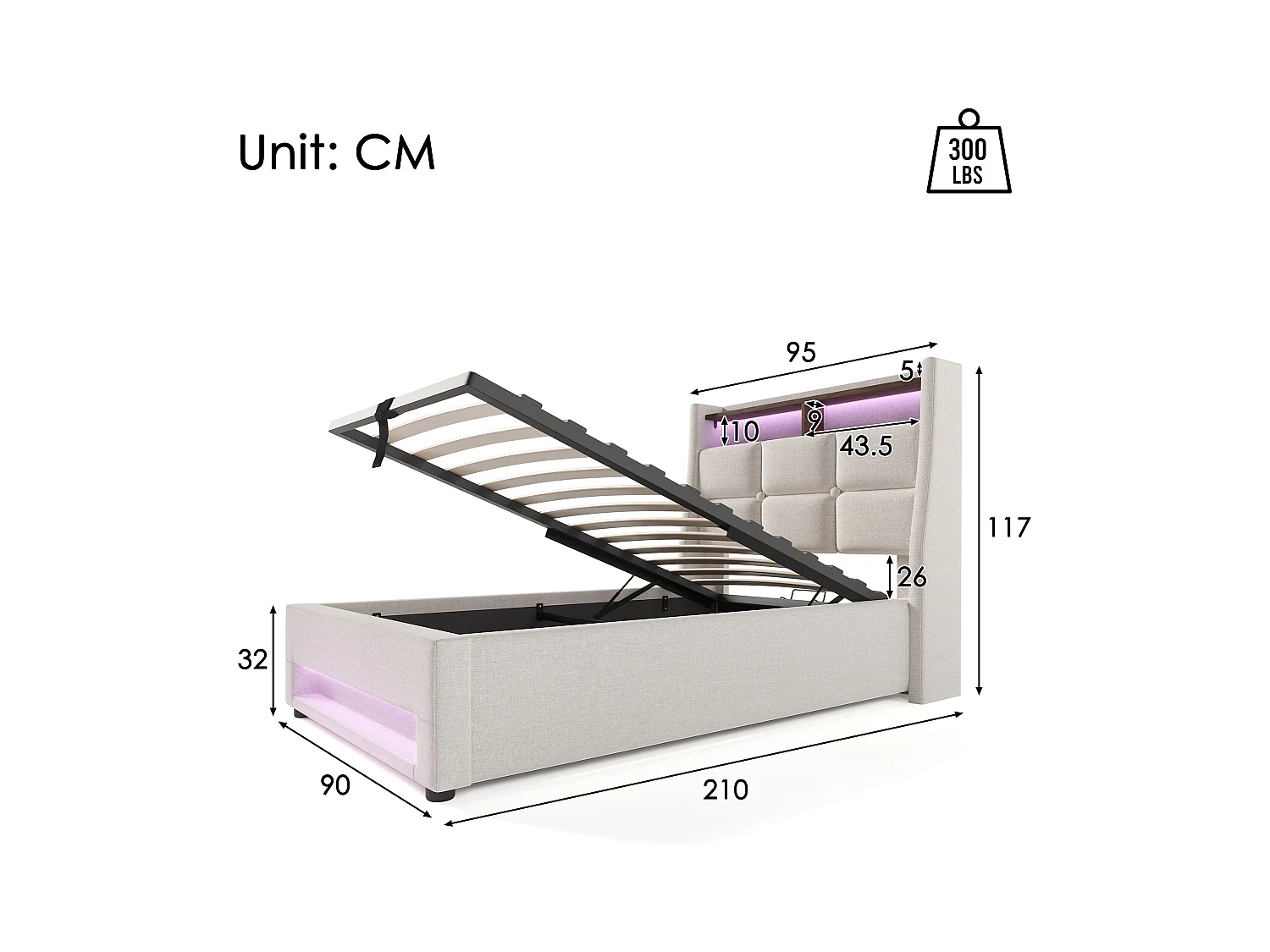 Kinderbed met opbergruimte 90x200 cm met lattenbodem - gewatteerd hoofdbord met USB en LED - linnen stof - beige (zonder matras)