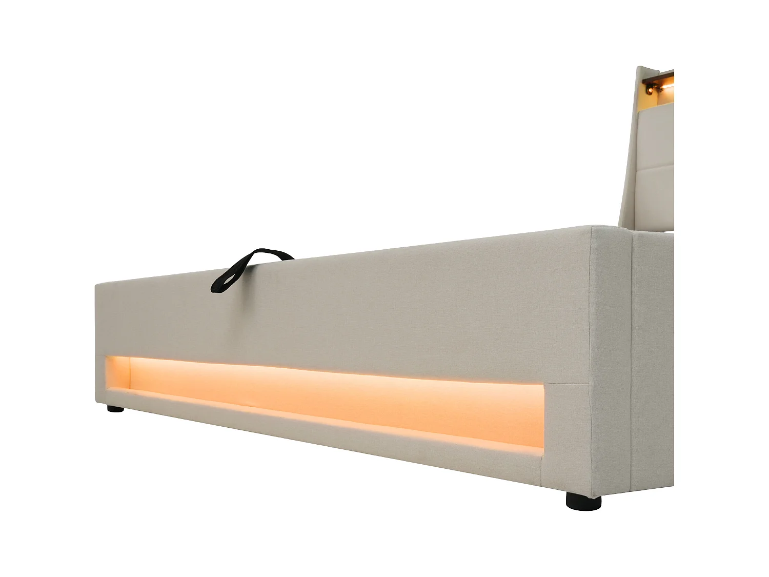 Kinderbed met opbergruimte 90x200 cm met lattenbodem - gewatteerd hoofdbord met USB en LED - linnen stof - beige (zonder matras)