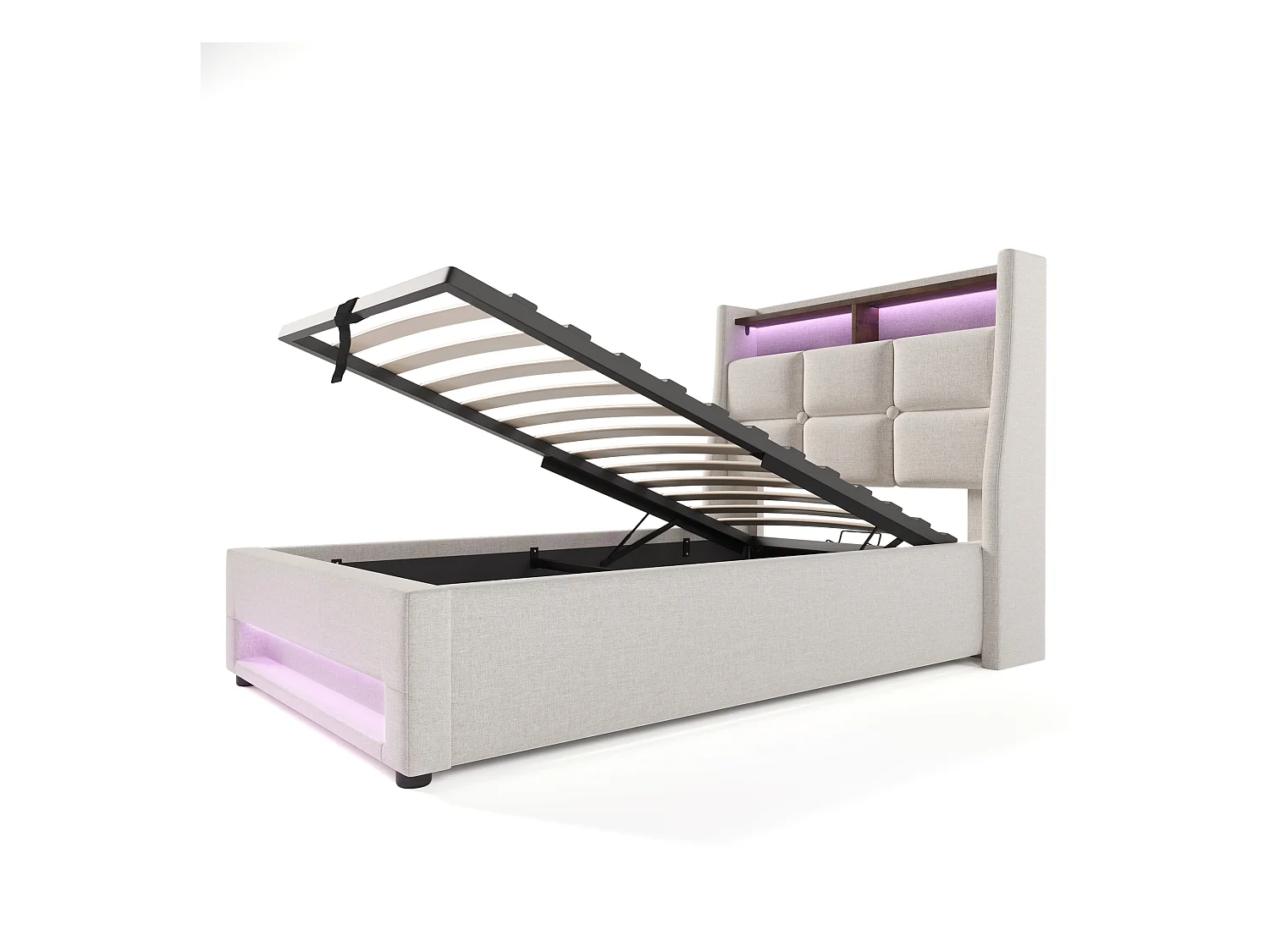 Kinderbed met opbergruimte 90x200 cm met lattenbodem - gewatteerd hoofdbord met USB en LED - linnen stof - beige (zonder matras)