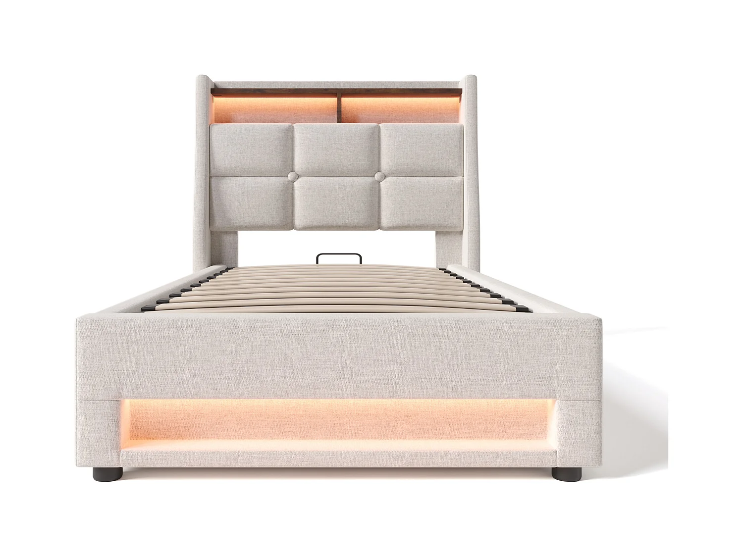 Kinderbed met opbergruimte 90x200 cm met lattenbodem - gewatteerd hoofdbord met USB en LED - linnen stof - beige (zonder matras)