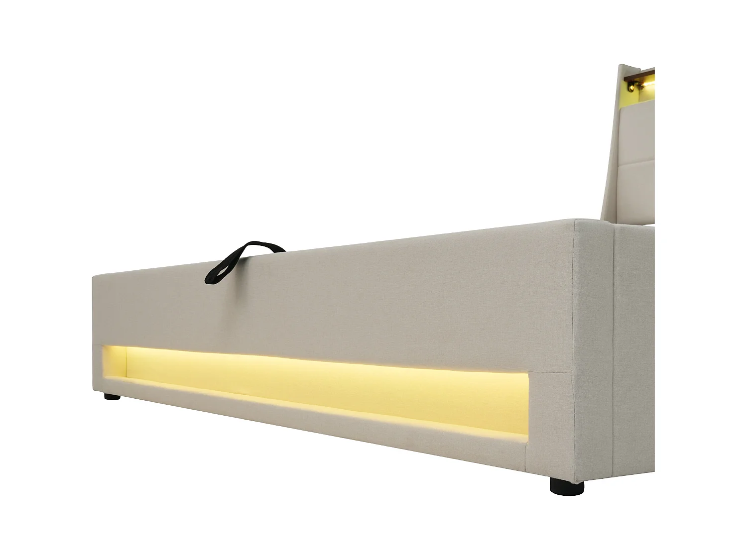Kinderbed met opbergruimte 90x200 cm met lattenbodem - gewatteerd hoofdbord met USB en LED - linnen stof - beige (zonder matras)