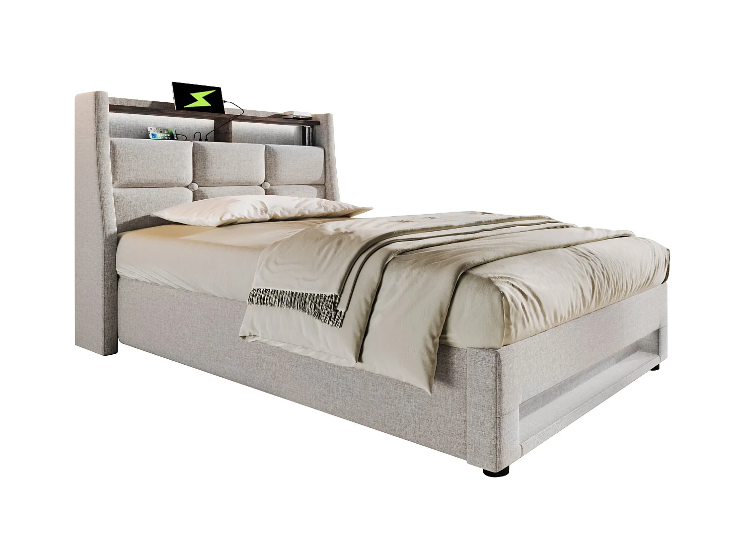 Kinderbed met opbergruimte 90x200 cm met lattenbodem - gewatteerd hoofdbord met USB en LED - linnen stof - beige (zonder matras)