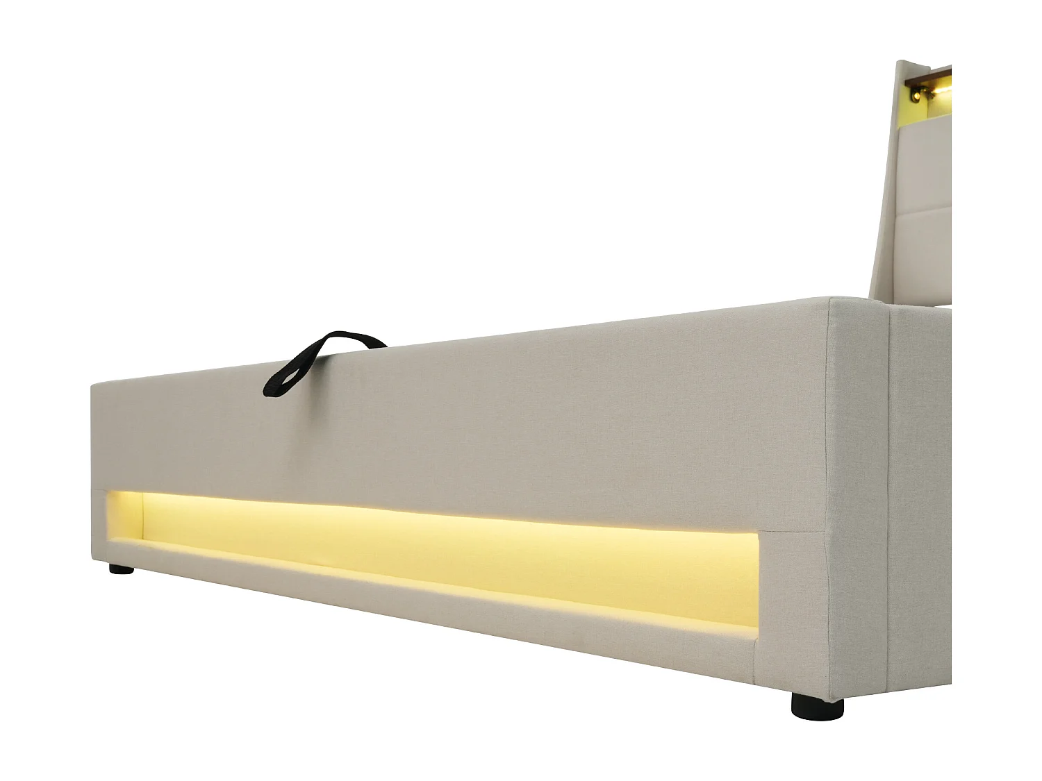 Kinderbed met opbergruimte 90x200 cm met lattenbodem - gewatteerd hoofdbord met USB en LED - linnen stof - beige (zonder matras)