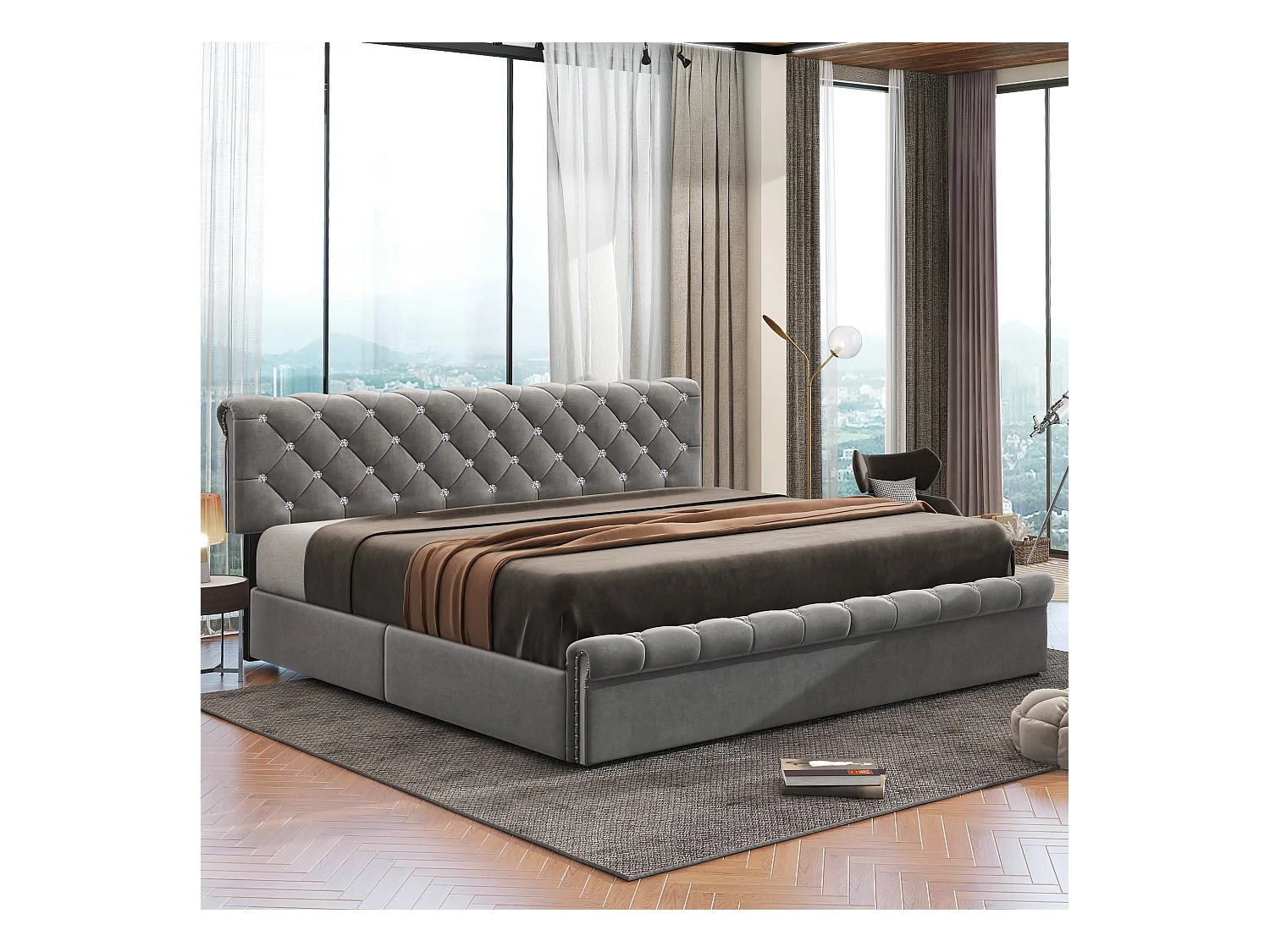 Volwassen opbergbed 180x200 cm met lattenbodem - in hoogte verstelbaar hoofdeinde - fluweel - grijs (zonder matras)