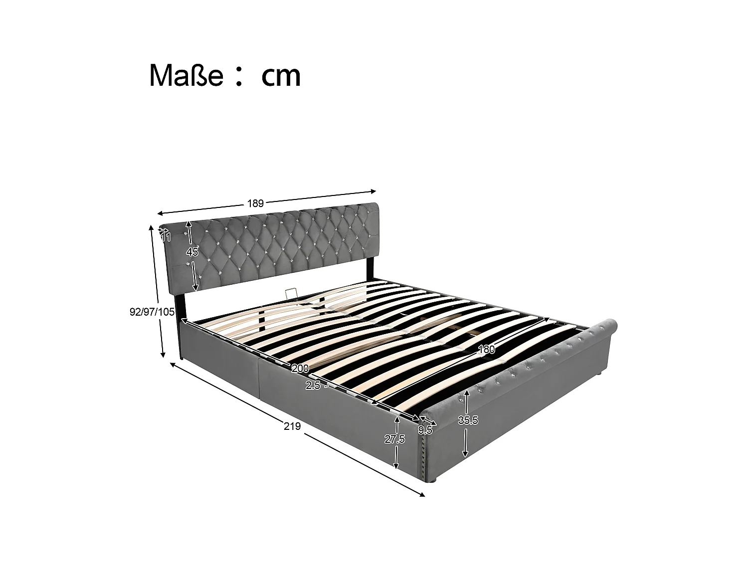 Volwassen opbergbed 180x200 cm met lattenbodem - in hoogte verstelbaar hoofdeinde - fluweel - grijs (zonder matras)