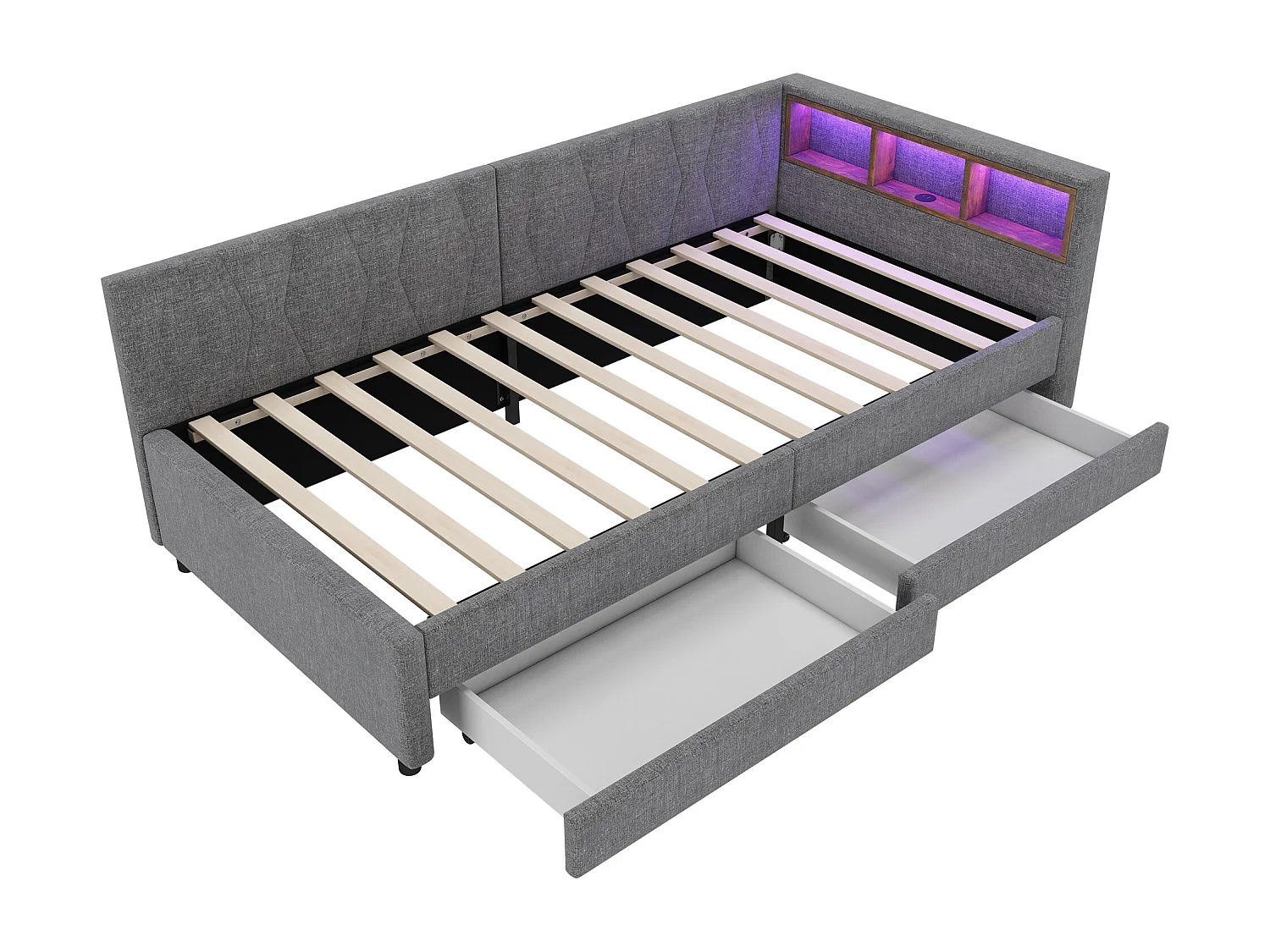 Lit coffre 90x200cm Grande capacité de rangement, structure lin et MDF, style contemporain, Gris (Sans matelas)