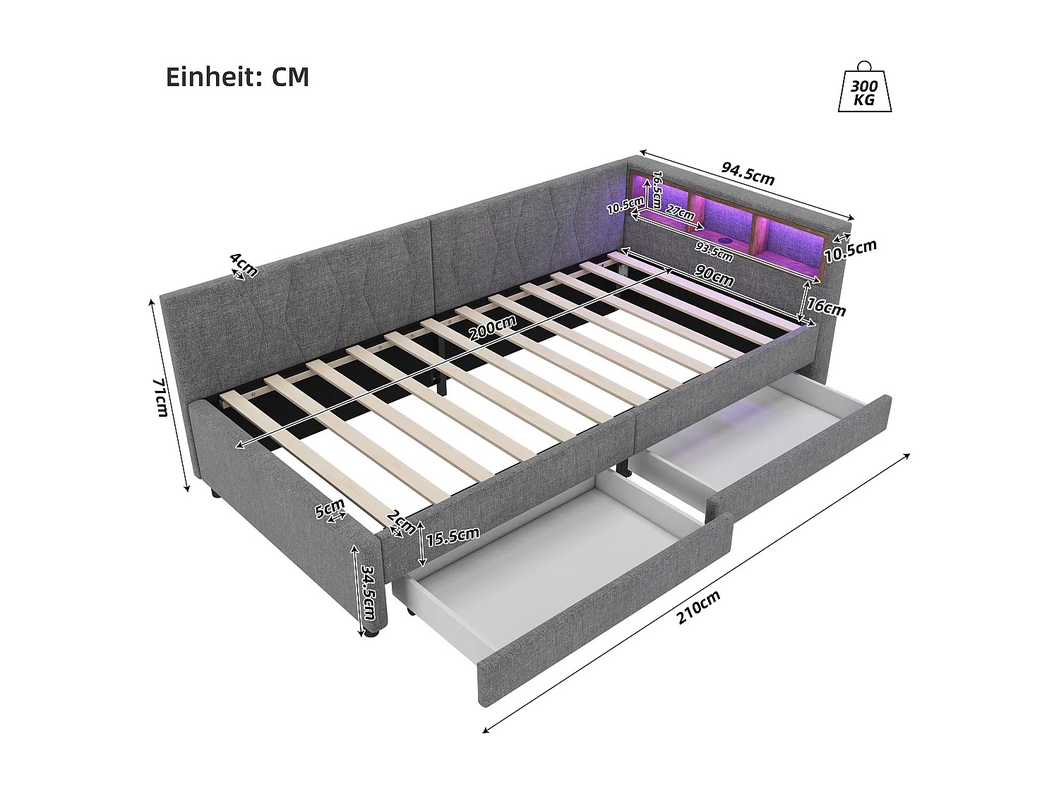 Lit coffre 90x200cm Grande capacité de rangement, structure lin et MDF, style contemporain, Gris (Sans matelas)