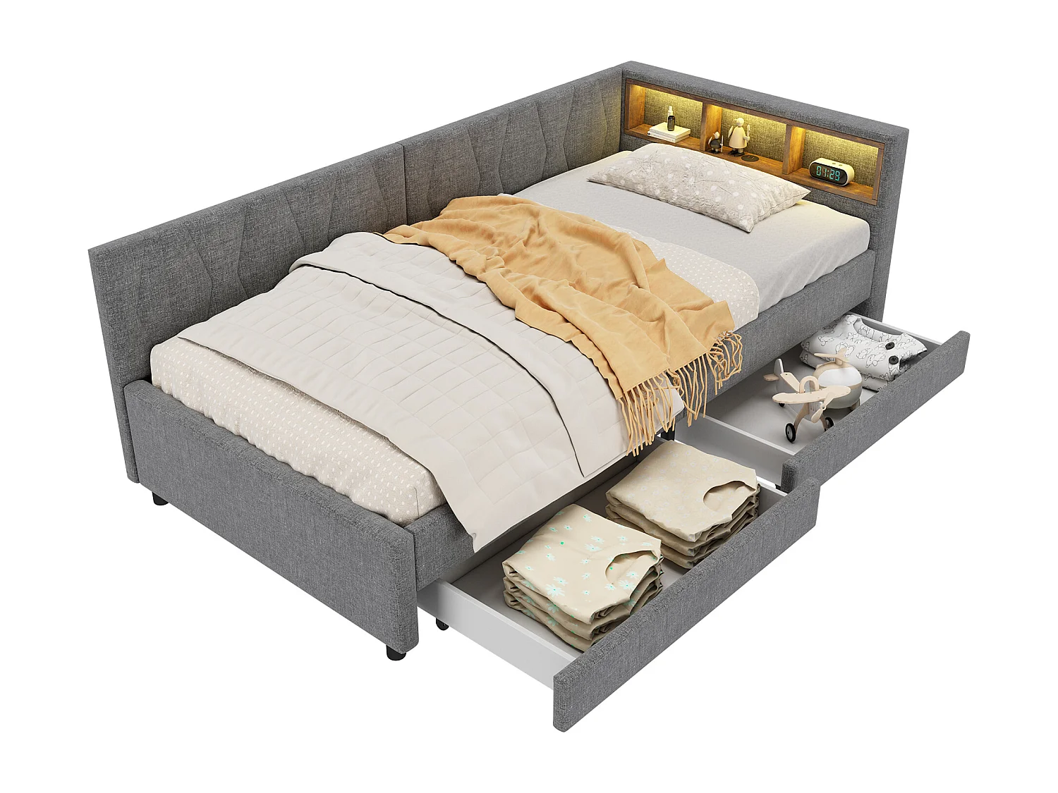 Lit simple 90x200 cm avec LED, avec tiroirs de rangement ports USB Type C en lin gris (Sans matelas)