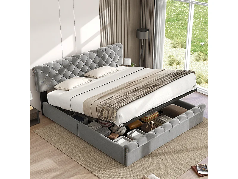 Letto contenitore per adulti 180x200 cm con rete a doghe - testiera regolabile in altezza - velluto - grigio (senza materasso)