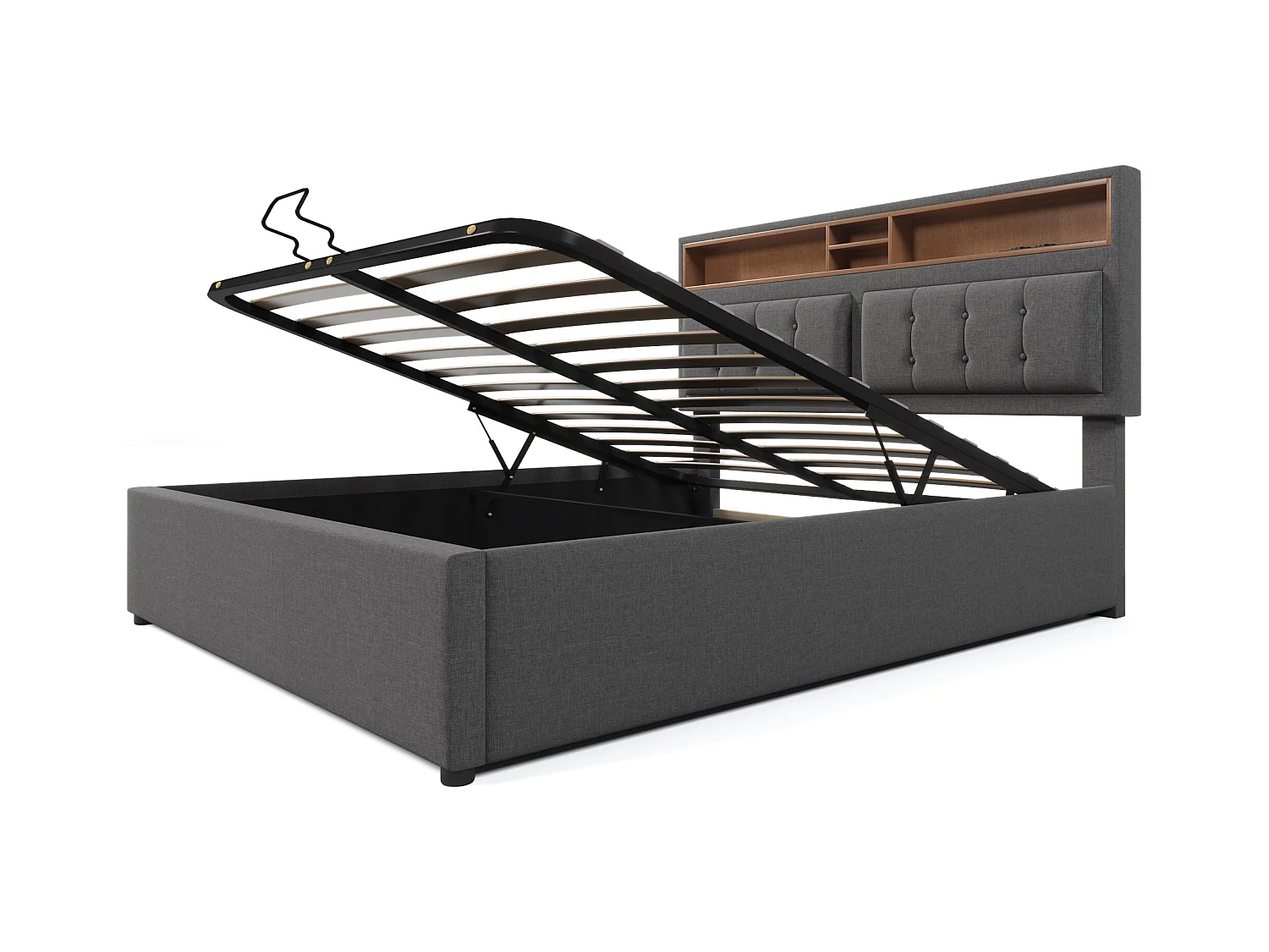 Lit coffre 140x200 cm avec avec sommier - tête de lit avec rangement et USB - tissu lin - gris (sans matelas)