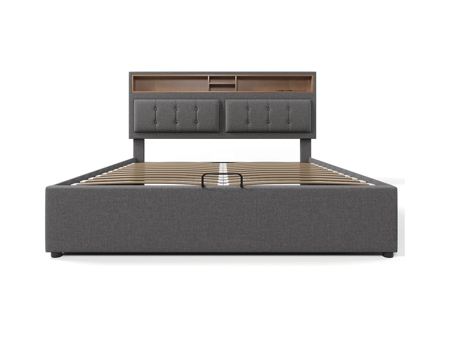 Lit coffre 140x200 cm avec avec sommier - tête de lit avec rangement et USB - tissu lin - gris (sans matelas)