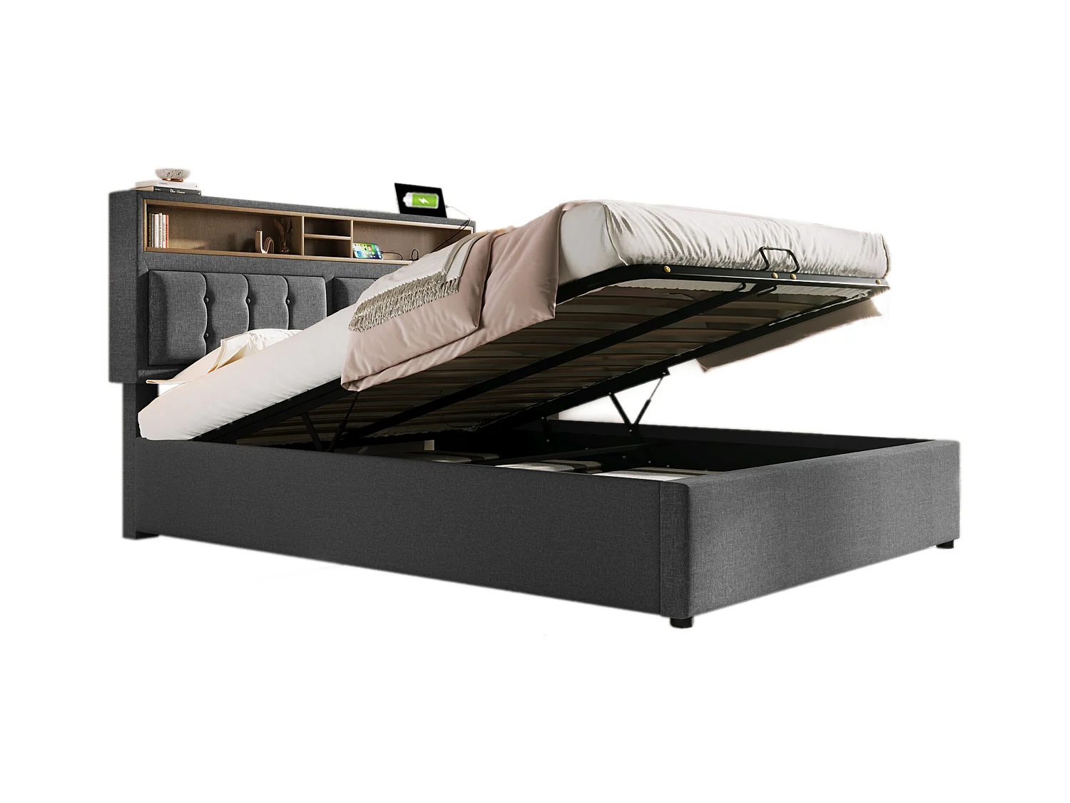 Lit coffre 140x200 cm avec avec sommier - tête de lit avec rangement et USB - tissu lin - gris (sans matelas)