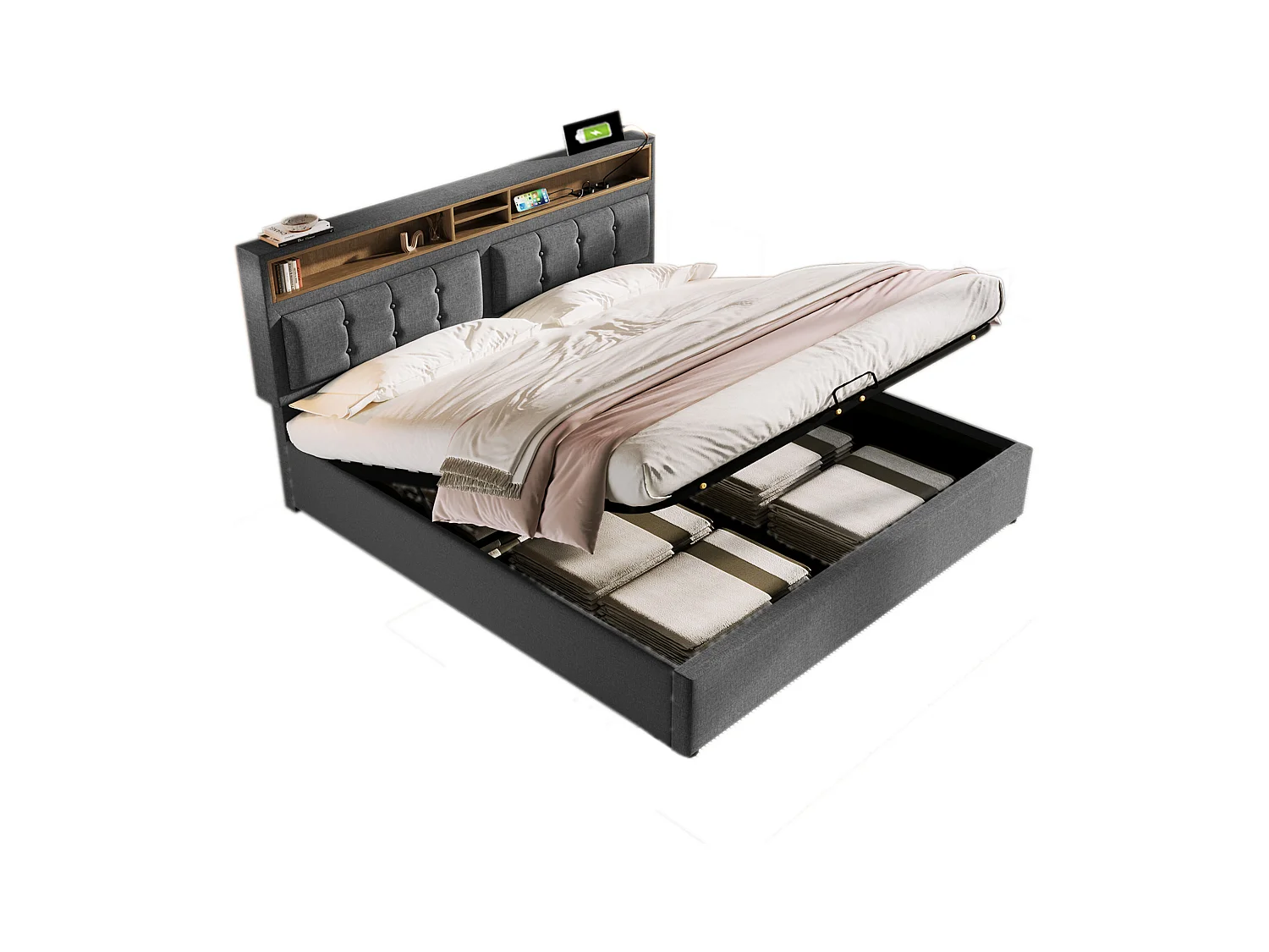 Lit coffre 140x200 cm avec avec sommier - tête de lit avec rangement et USB - tissu lin - gris (sans matelas)