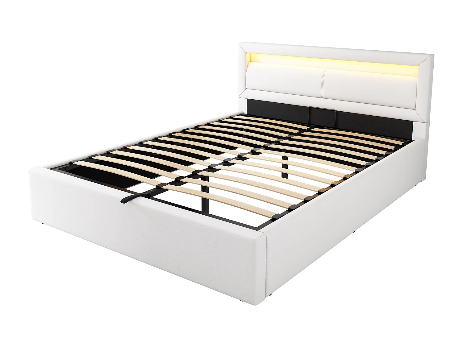 Lit coffre adulte 140x200 cm avec sommier à lattes - tête de lit capitonnée et LED - similicuir - blanc (sans matelas)