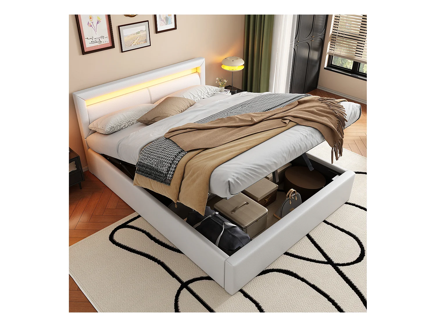 Lit coffre adulte 140x200 cm avec sommier à lattes - tête de lit capitonnée et LED - similicuir - blanc (sans matelas)