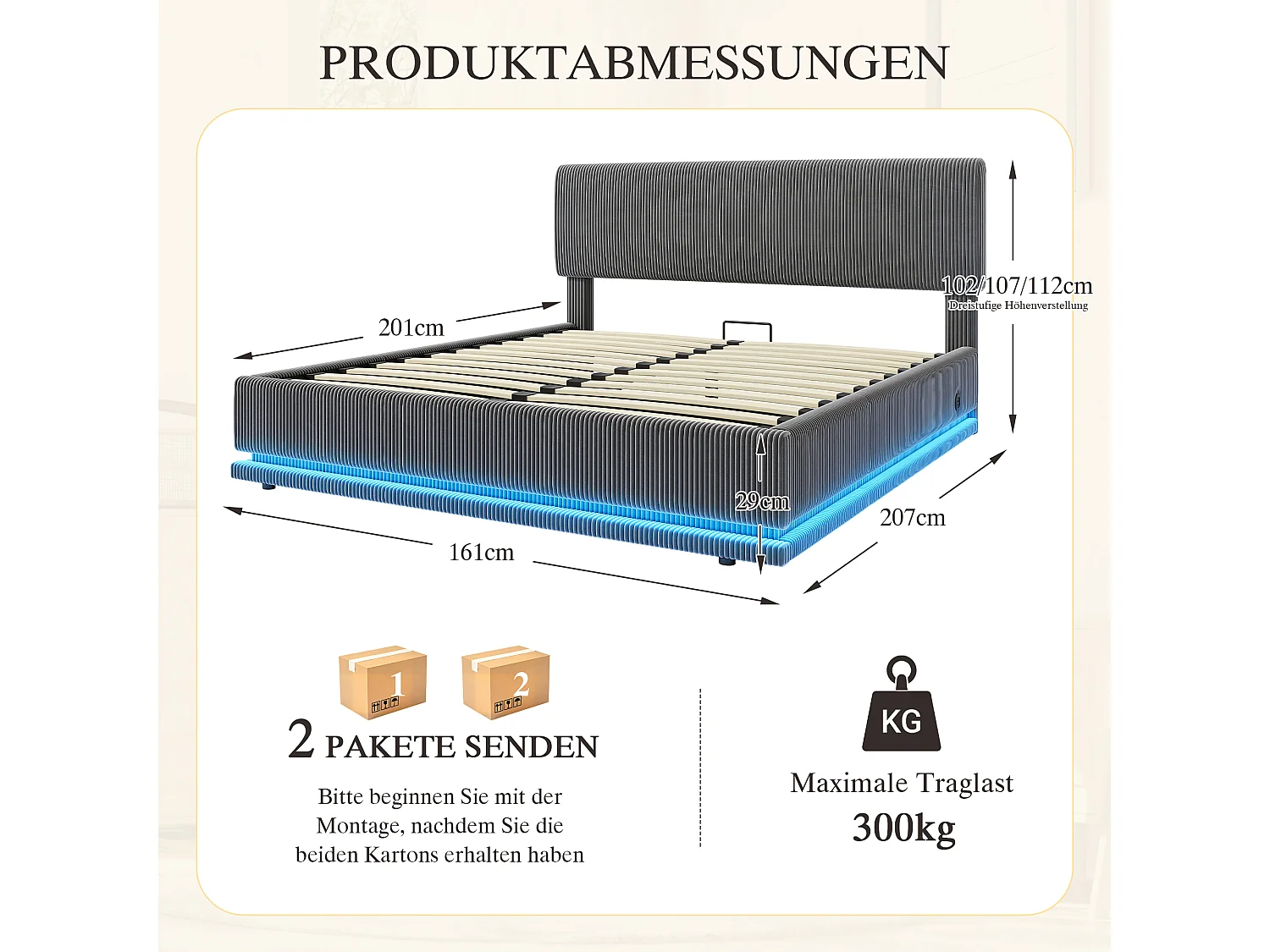 Opbergbed van 160x200 cm met ledverlichting, USB-C-oplaadfunctie en verstelbaar hoofdeinde in grijs, geschikt voor volwassenen en kinderen (matras niet inbegrepen).