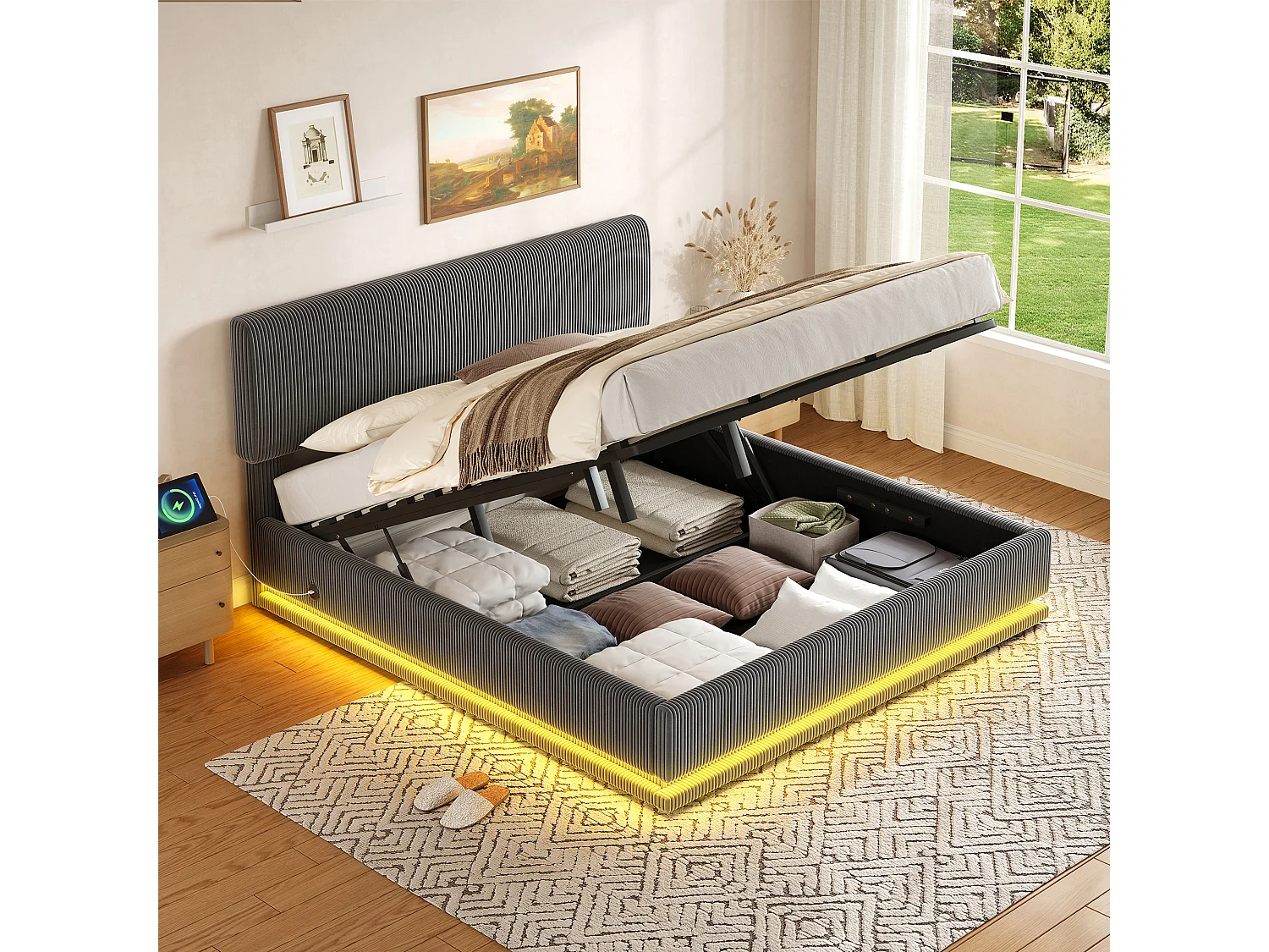 Lit double 160x200 cm avec LED, ports USB C, tête de lit réglable, grand rangement, en velours côtelé, gris foncé (Sans matelas)