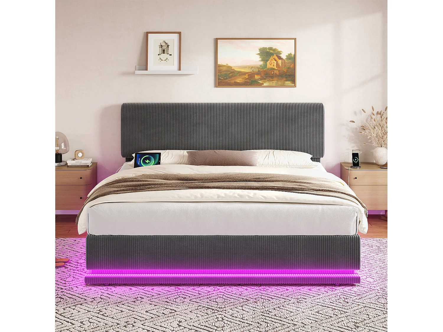 Lit double 160x200 cm avec LED, ports USB C, tête de lit réglable, grand rangement, en velours côtelé, gris foncé (Sans matelas)