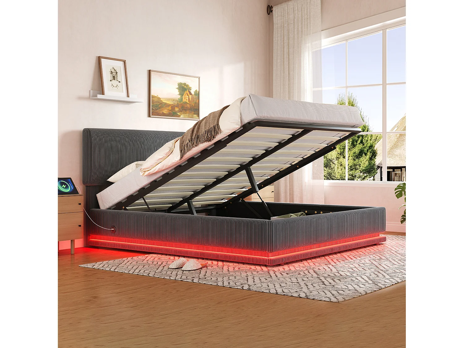 Lit double 160x200 cm avec LED, ports USB C, tête de lit réglable, grand rangement, en velours côtelé, gris foncé (Sans matelas)