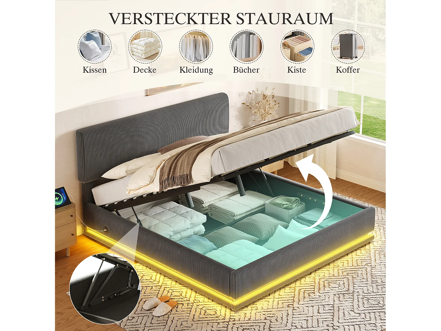 Lit double 160x200 cm avec LED, ports USB C, tête de lit réglable, grand rangement, en velours côtelé, gris foncé (Sans matelas)